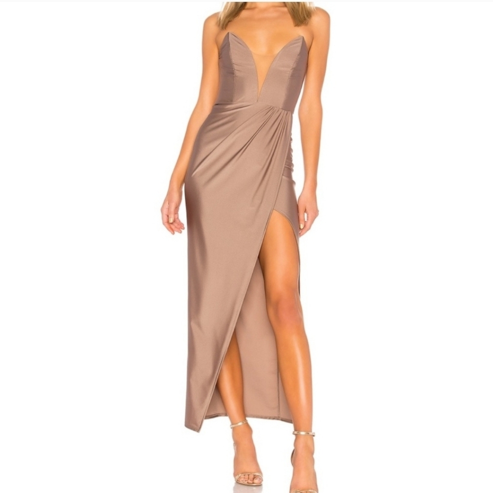 Michael Costello Strapless Taupe Plunge Thigh-Slit Gown